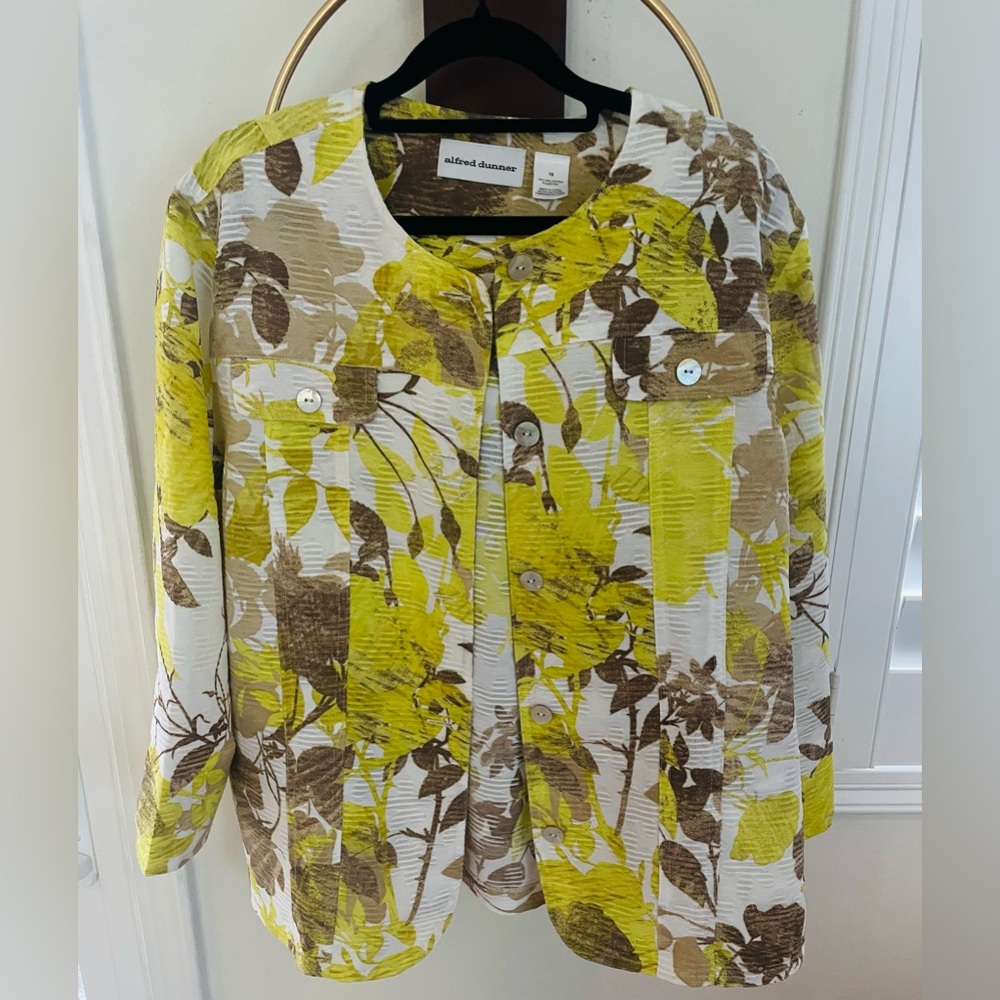 Alfred Dunner Yellow and Brown Floral Button-Front Blazer Jacket